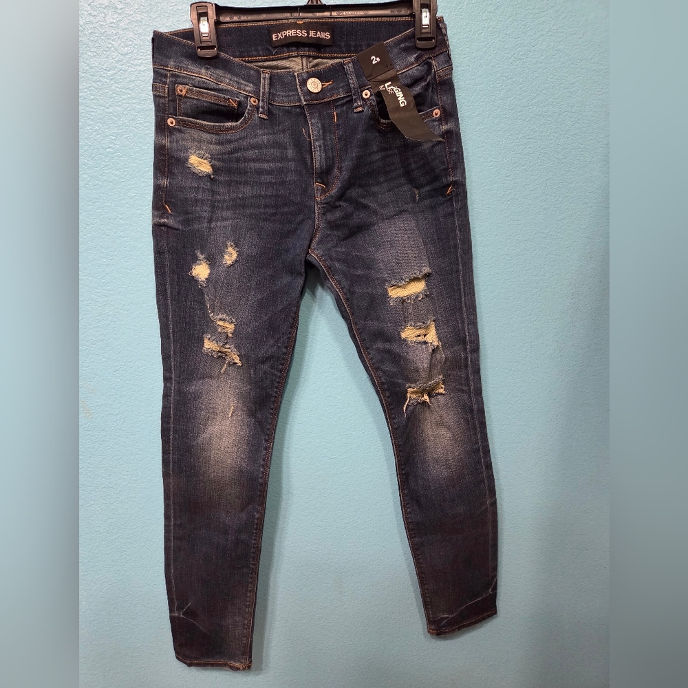 Express Blue Ankle Cropped Jeans with Distressed Detailing